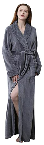 Generisch Albornoz largo para mujer, cálido y suave, albornoz de felpa mullida, bata de forro polar, elegante bata de baño, monocolor, cálido, con bolsillos y cinturón, gris, XL
