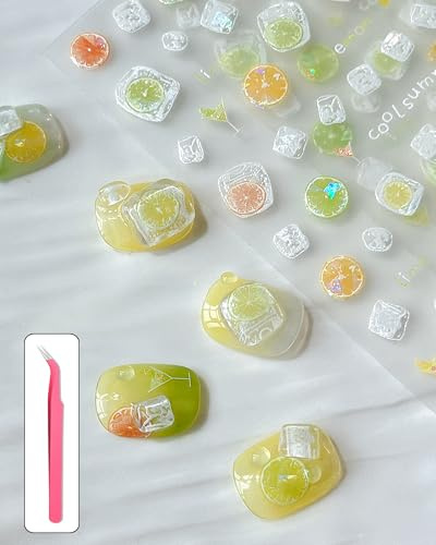 lulir Pegatinas para Uñas Pomelo de Cristal Verano con Pinza Limón y Pomelo
