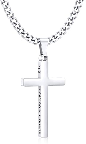 Gnamy Cross Necklace for Men Boys, Silver Stainless Steel Bible Verse Cross Pendant Cuban Link Chain Easter Basket Stuffers Christian Religious Baptism Confirmation Jewelry Gifts for Him Teen Teenage Kids Son Age 8-12