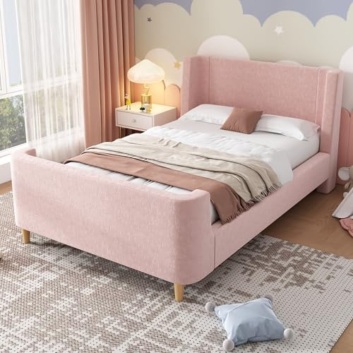 Merax Polsterbett Kinderbett 90x200 cm – Einzelbett Schlittenbett für Jungen & Mädchen, Samt Rosa, Cartoon Weltraum-Muster, Stabil & Gepolstertes Kopfteil, ohne Matratze
