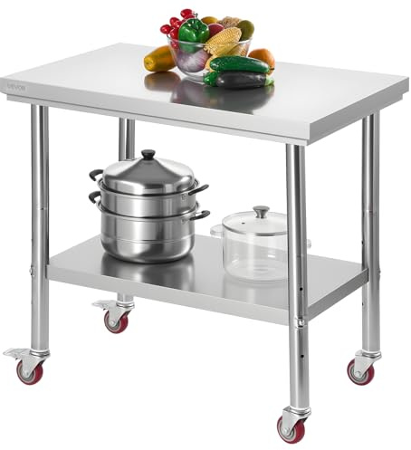 VEVOR Tavolo in Acciaio Inox, Tavolo da Lavoro per la Preparazione degli Alimenti da 900 x 600 x 850 mm, con Ruote e Ripiani Inferiori Regolabili per Cucina Commerciale, Ristorante, Hotel e Garage