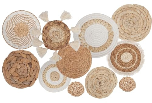 11Pcs Boho Wall Basket Decor, Round Hanging Rattan Wall Decor Flat Woven Basket Wall Hanging Decor, Tassels White Seagrass Wicker Boho Baskets Decoration Art for Farmhouse Bedroom Living Room