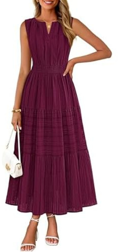 TOFOTL Abito Cocktail Donna Sexy Maxi a Linea Svasata Plissettato Vita Alta Senza Maniche con Scollo V Vestito Elegante Lungo Estivo Casual Rosso L