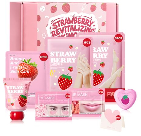Strawberry Skincare Kit, Cuidado Facial Mujer, Skincare Coreano Kit con Mascarilla Facial, Eye Patches, Lip Mask, Mascarilla Manos, Mascarilla Pies, Hidratación Profunda, 17 Piezas