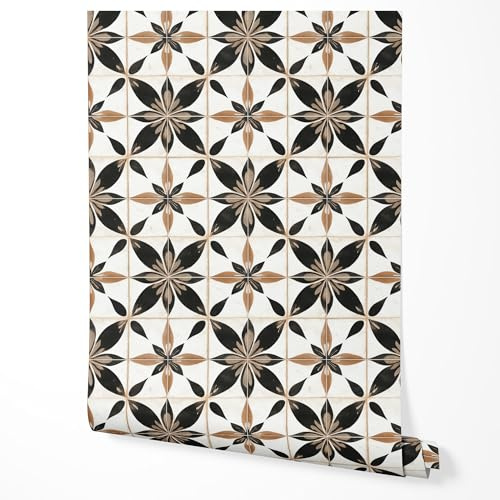 GP TONER Vliestapete Fliesenoptik Schwarz Beige Ornament Retro 3D Muster Vintage Tapete Wohnzimmer Schlafzimmer Flur Küche Modern Abwaschbar UV-beständige Tapete 10m x 0,5m