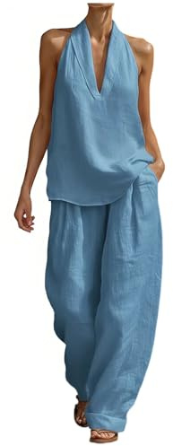 Genérico Conjunto Co-ord Mujer de Lino, Traje de Dos Piezas Camiseta Cuello en V y Pantalones de Pata Ancha, Ropa de Estar en Casa Elegante y Suave, Outfit para Verano y Vacaciones 2026