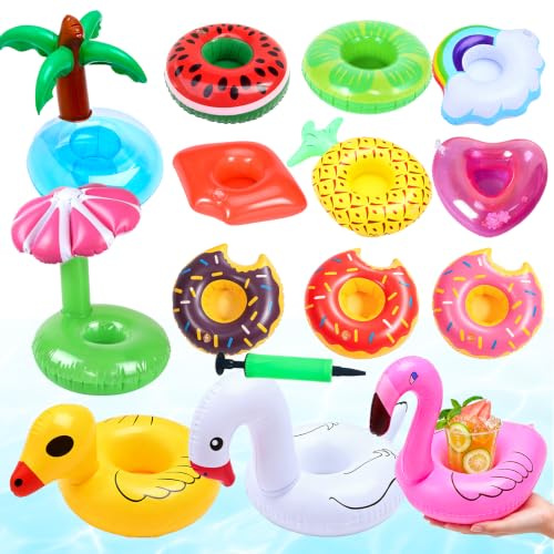 15 Stück Getränkehalter Pool Schwimmender, Aufblasbar Getränkehalter mit | Luftpumpe Bierhalter Pool Getränke Halter Palme Entchen Donut Wassermelone Ananas für Hawaii Pool PartyDeko Sommer Schwimmbad