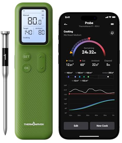 ThermoMaven Smartes Bluetooth Fleischthermometer Kabellos, Basisstation, WLAN Unbegrenzte Reichweite, NIST-zertifizierte Genauigkeit, App Warnungen, Für Grill, Ofen, Smoker, BBQ (Avocado-Grün)