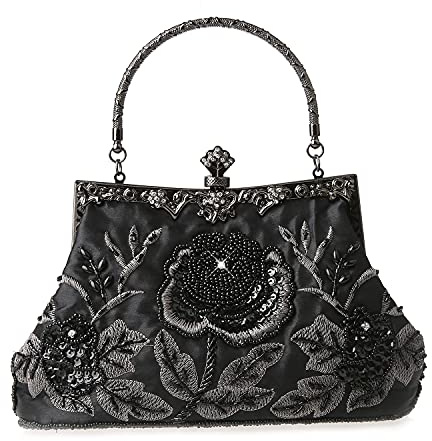 DA BODAN Vintage Floral Perlas Rhinestone Bordado Clutch Lentejuelas Boda Fiesta de Prom Bolsa Novia Señoras Crossbody Novia Bolso, Negro, 22cm*21cm