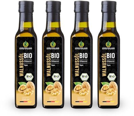 Kräuterland Bio Walnussöl 4x250ml (1Liter) kaltgepresstes Walnusskernöl | mühlenfrisch, naturbelassen, GVO-frei & ohne Zusatzstoffe, fein nussig, mehrfach ungesättigte Fette für Salat, Dips & Pesto