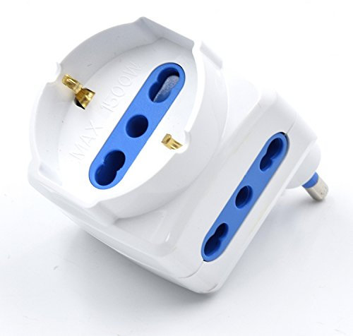Adattatore salvaspazio bianco, 2 prese italiane 10/16A e 1 presa Schuko 16A, spina italiana 16A, compatto