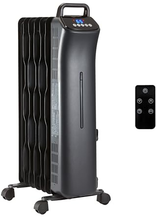 Amazon Basics Portable Oil Space Heater with Remote Control, 7 Oil-Filled Fins, Adjustable Thermostat, 3 Heat Settings, Tip-Over and Overheat Protection, ETL Safety Certificate, 1500W, Black