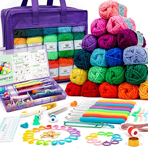 Inscraft Häkelgarn-Set für Anfänger, Erwachsene und Kinder, enthält 1509 m an Acryl-Knäuel in 30 Farben, Nadeln, lila Tasche usw., Amigurumi und Häkelprojekte herstellen, Starter-Set für Profis