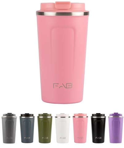 FAB Travel Mug, Reusable Coffee Cup (510ml, Pink) - Double Wall Stainless Steel with Screw Lid - Thermal Camping Cup, Vacuum Insulated for Hot and Cold Drinks, Eco-Friendly