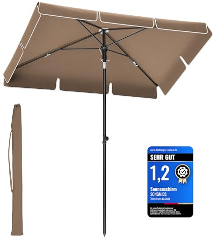 SONGMICS Sombrilla de Terraza 200 x 125 cm, UPF 50+, Inclinación Bidireccional de 30°, Altura Ajustable, con Bolsa de Transporte, para Balcón Jardín, sin Base, Marrón Nogal GPU025K25