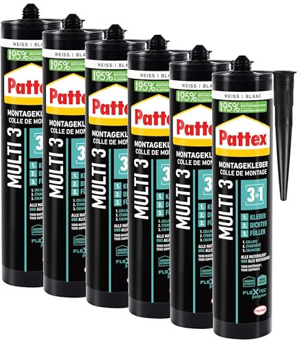 Pattex Montage Multi 3, 3in1 Montagekleber, starker Kraftkleber für fast alle Materialien*, wetterbeständiger Baukleber für innen und außen**, weiß, 6x390g Kartusche