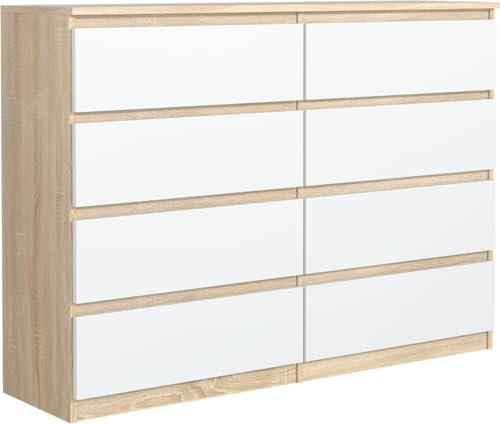 meble masztalerz Kommode 140 cm Breit - Modernes Sideboard - Schrank mit 8 Schubladen - Schubladenschrank - Kommodenschrank für Wohnzimmer, Flur, Schlafzimmer - Weiß Sonoma 138,5x101,5x39 cm