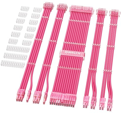Sirlyr PSU Extension Cables Kit,24/8Pin,Pre-Install Combs,Pink PC | 16AWG,24Pin ATX (30cm),Dual EPS (30cm),Dual 8Pin PCIe (34cm),Gold-plated,Soft Braided,with Pre-installed Combs Pink