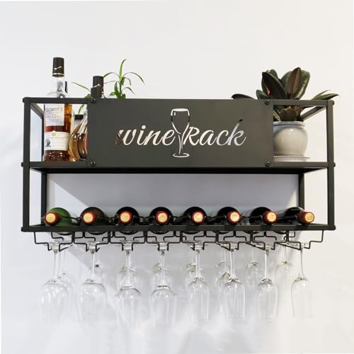 Étagère à vin Murale avec éclairage LED, étagères flottantes en métal avec Support pour Verres à vin Suspendu, étagère à Liqueur, présentoir de Rangement Grande capacité pour Bar, Cave à vin