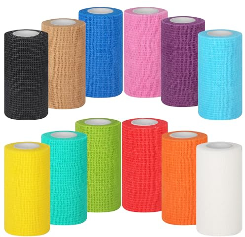 12 Rouleaux Bande Cohésive 10 cm x 4,5 m, Auto-Adhésif Non Tissé Bandage de Sport, Bandage Animal Sports, Ruban Humain et Animal, Bande Auto-Adhésif Elastiques, Pour Les Mains,Les Pieds Genoux