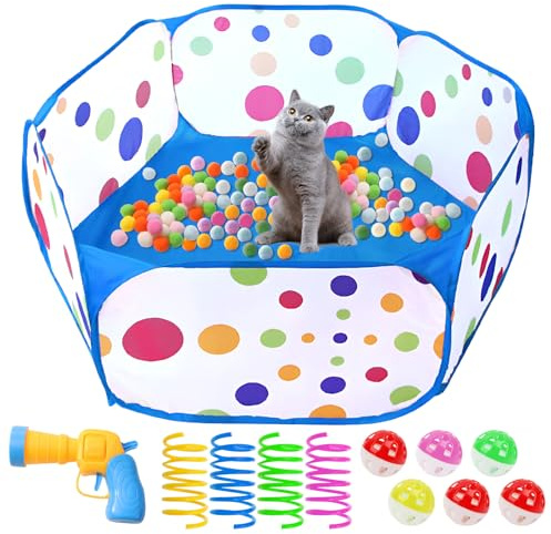Cat Ball Pit with 206 PCS Cat Toy Balls and 4 PCS Cat Spring Toy, Ball Pit with Balls for Playing, Teeth Grinding, Foldable for Indoor & Outdoor Play