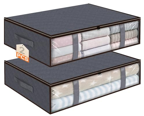 Freyeeti 2 pezzi Contenitori Sottoletto Confezione, 40L Scatole per Armadio, Con Finestra di Osservazione e Maniglia, Scatole Pieghevoli Portavestiti, per Abbigliamento Coperte Piumoni, Grigio