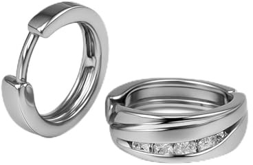 925 sterling silver kreoler med zirkon, unisex fällbara creoler, 14 x 4,5 mm, 5 stenar pave-fattning, polerad
