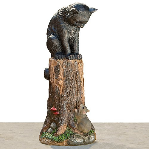 Bits and Pieces Sculpture de Jardin en polyrésine résistante aux intempéries - Chat et Souris - Statue d'extérieur sur souche 43,2 cm