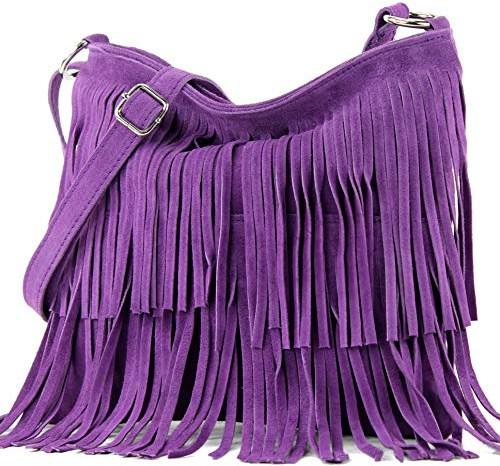modamoda de - ital sac à bandoulière en daim frangé T125, Couleur:violet