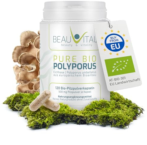 BEAUVITAL® Pure Bio Polyporus Kapseln 120 je 500mg Polyporus umbellatus Pulver (Eichhase) aus EU-Bio-Landwirtschaft, vegan, ohne künstliche Zusatzstoffe