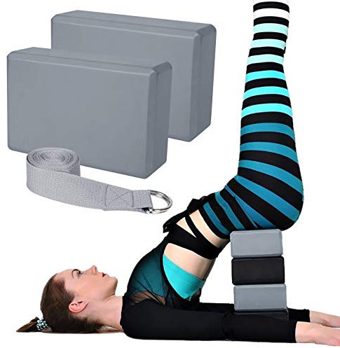 Yoga-Blöcke und Gurte, grau, 2 Stück, hochdichter, weicher EVA-Schaum für Heimübungen, Pilates, Yoga, allgemeine Fitness, Stretching und Toning-Workouts