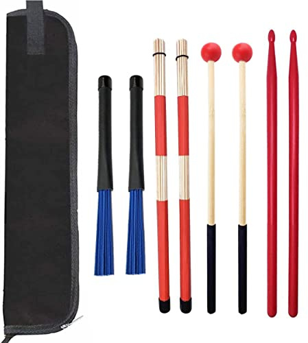 TUOREN Drum Stick Bag Drum Stick Storage Hanging Bag with 4 Pair Drum Sticks Set includes Jazz Nylon Brushes + Bamboo Rods Drum Brushes + 5A Nylon Drum Sticks + Holzschlägel Rot
