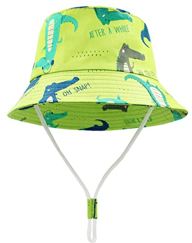 FenFang Solhatt baby barn, fiskarhatt barn pojkar flickor, solhatt med hakrem, hinkhatt strandhatt mössa mössa vår sommar, Grön dinosaurie, 4-8 år