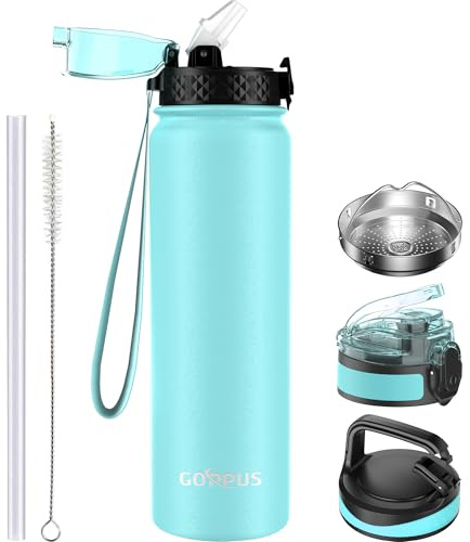 GOPPUS 1L/32oz Borraccia in Acciaio Inox con Cannuccia Borraccia per Acqua Termica Calda a Doppia Parete Borraccia Isolata Borraccia per Acqua Fredda a Prova di Perdite Adulto con 3 Coperchi