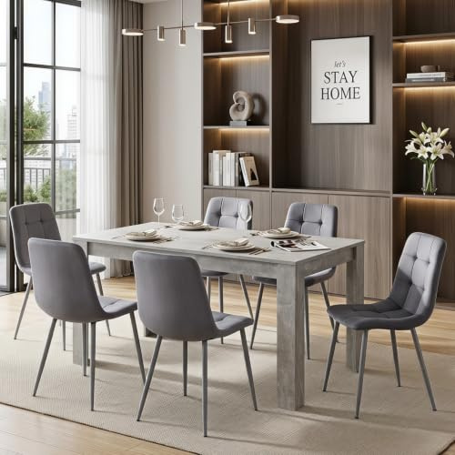 Dining Table and Chairs Set Light Grey Kitchen with 6 Black Velvet Chairs | KOSY KOALA Dining Table and Chairs, Light Grey Kitchen Table with 6 Black Velvet Dining Chairs Furniture Set 140 x 80 x 75 cm