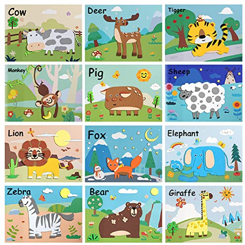 12 Stück Mosaik Bastelsets Aufkleber Dschungeltiere für Kinder, Moosgummi Bastelset, DIY Aufkleber Kreativsets, Selbstklebende Mosaike, Moosgummi Bilder Selbstklebend