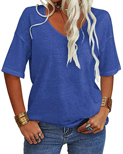 Tankaneo Camiseta de manga corta con cuello en V para mujer, casual, suelta, básica, de verano, media manga, túnica de gran tamaño