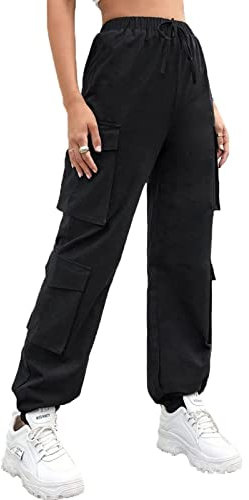Nuofengkudu Petite Pantalones Cargo Mujer Elasticos Harem Pantalon con Bolsillos Stretch Cintura Tobillo Pantalón Chica Joven Punk Deportivo Jogging Jogger Pants Hip Hop Moda Casual Negro 2XL