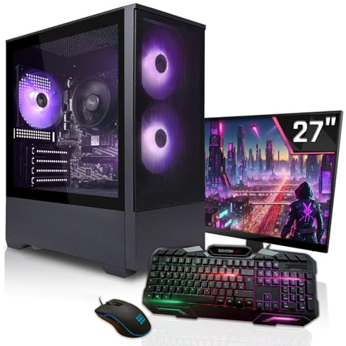 SYSTEMTREFF Basic Gaming Komplett PC Set - AMD Ryzen 7 5700G - 16GB RAM | AMD 8-Kern CPU bis 4.6 GHz, Radeon RX Vega 4K HDMI, Windows 11, 27 Zoll TFT Display, für Gaming