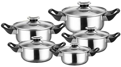 Juego de ollas de acero inoxidable con asa y tapa de cristal, olla para sopa 16/18/20/22/24 cm, cacerolas apilables, base engrosada, Basics batería de cocina de inducción, tipo 4