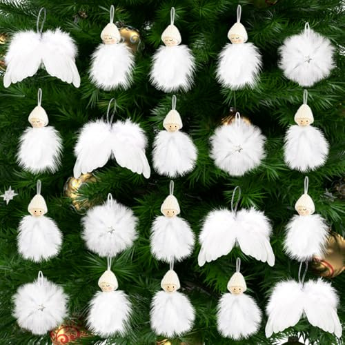 Lyneun 20 Stück weihnachtsschmuck weiß,4 Stück Engelsflügel Weihnachtsbaum und 4 Stück Schneeflocke Dekorationen, 12 Stück Weihnachtspuppen, Fantasie Engelsflügel Deko für Weihnachtsfeier Dekoration