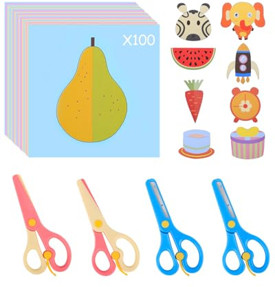 UCEC Juego de 104 piezas de corte de papel para niños, manualidades a partir de 2 años, incluye 4 tijeras para niños y 100 papel, tijeras para manualidades, juguetes para niños pequeños