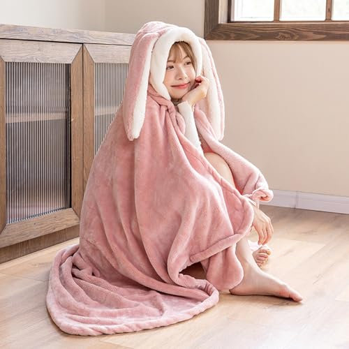 WJUHYGTF Kuscheldecke Mit Kapuze, Tragbare Hasenohr Decke Geschenke Für Damen Sofadecke Flauschig Sherpa Ärmeldecke TV Fleecedecke Weich Wohndecke Winterdecke,Rosa