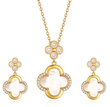 Gkaopi Vierblättriges Kleeblatt Schmuckset für Damen Gold Plated Titan Edelstahl Schwarz Weiß Glücksklee Anhänger Halskette und Ohrringe Set Hypoallergen Zierliche Schmuck Set für Mädchen