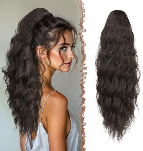 FESHFEN Postiche Queue de Cheval Ondulé Longues, Extension Ponytail Cheveux avec Peigne Ponytails Bouclé Naturel Cordon Synthétique Postiches pour Femmes, 60 cm Marron Foncé