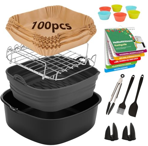 Heißluftfritteuse Zubehör 15-teiliges Set, BPA-frei Airfryer Zubehör mit Backpapier und Silikonform für COSORI 5.5L 6L 6.2L, Philips Airfryer 5000 serie XXL 7,2L 7,3L, Ninja, Tefal, Cecotec, Princess