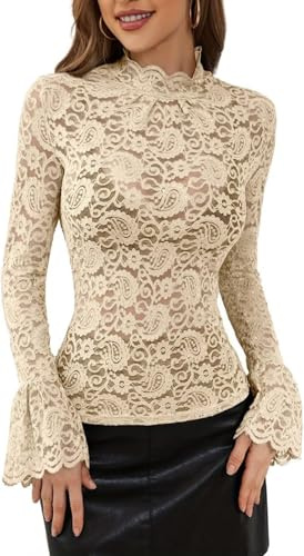 Blusa De Encaje Sexy Elegante para Mujer Blusa Transparente con Cuello Alto Y Manga Farol Blusa Ajustada Informal con Tendencia Callejera Blusas Versátiles (Beige,L)