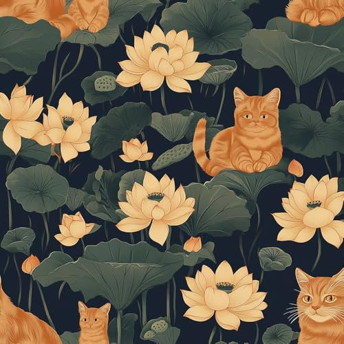 Tapete, die selbstklebt Cartoon-Katze einfach anzubringen Süßer Lotus Klebefolie Möbel Muster Tapeten Klebetapete Vinyl Wrap Wandtapete Wohnzimmer Schlafzimmer Möbelfolie Bunt Wasserdicht Wallpaper