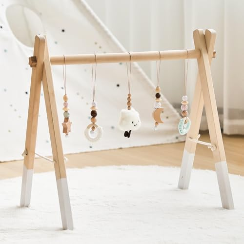 WOODEN TEETHER Palestra in legno per bambini, palestra pieghevole per bambini con 5 giocattoli sensoriali staccabili per neonati, telaio in legno Montessori, centro attività