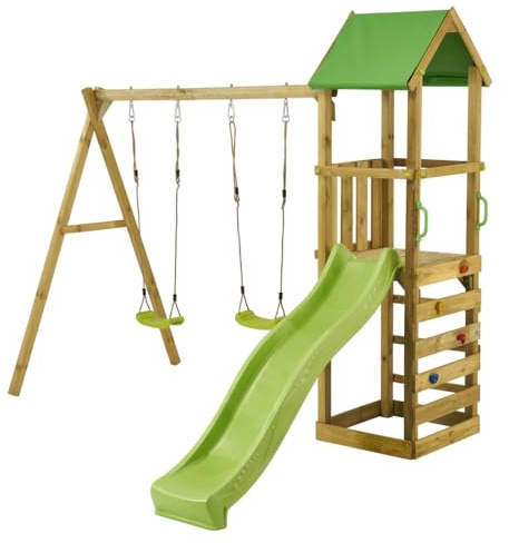 Kangui - Aire de Jeux Bois Enfant WALLI 120 Vert - Toboggan, balançoires, Escalade et cabane